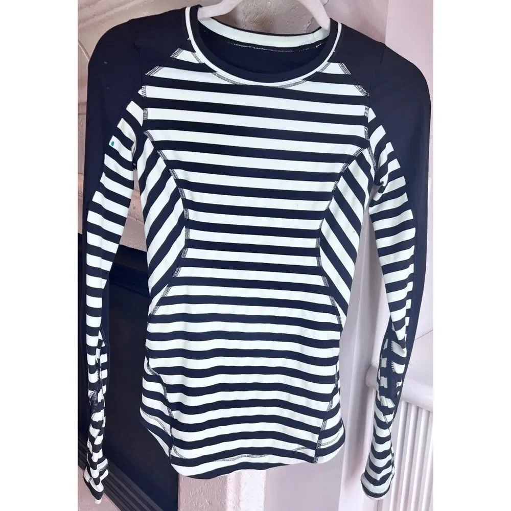 Lululemon Run Reflect Long Sleeve Top Size 2 Sea Stripe Mint Moment Black